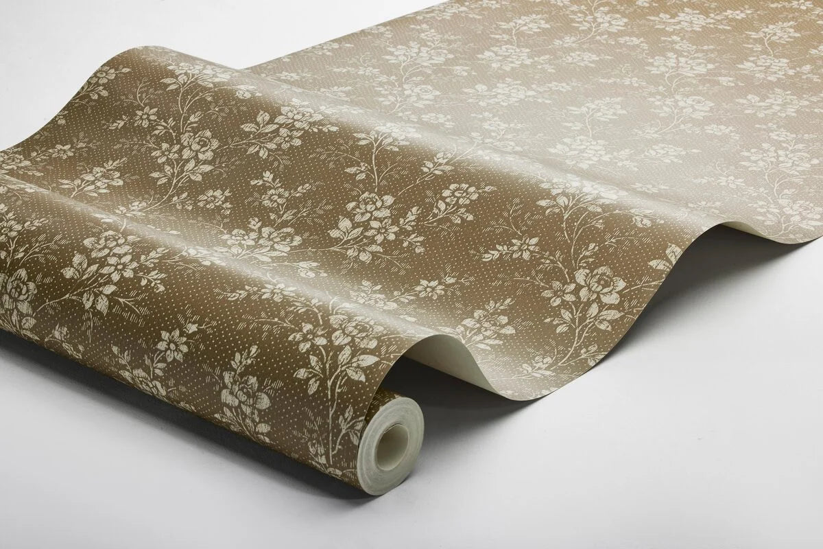 Tapeta s rastlinným vzorom kvetov HIP ROSE tmavohnedá s béžovou