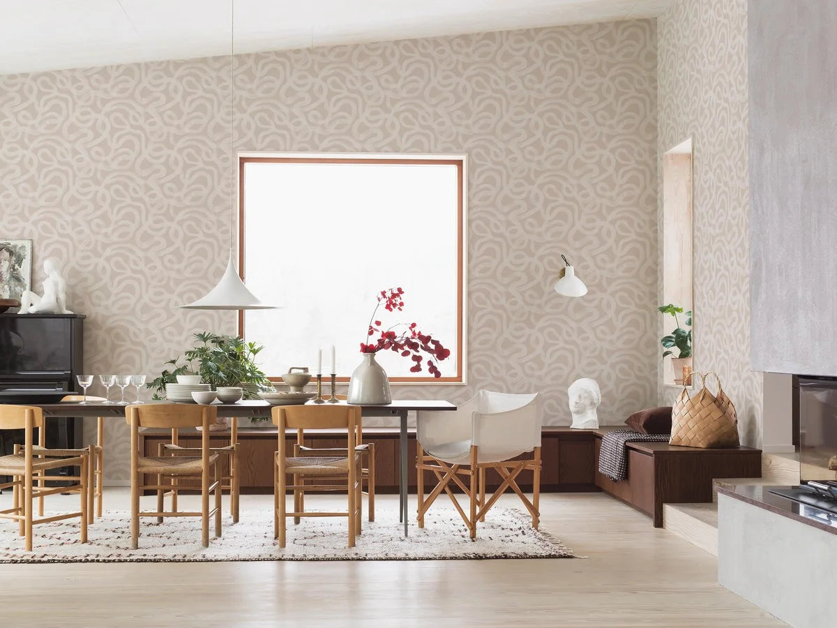 Papierová flizelínová tapeta s abstraktným vzorom CURVE béžová s bielou