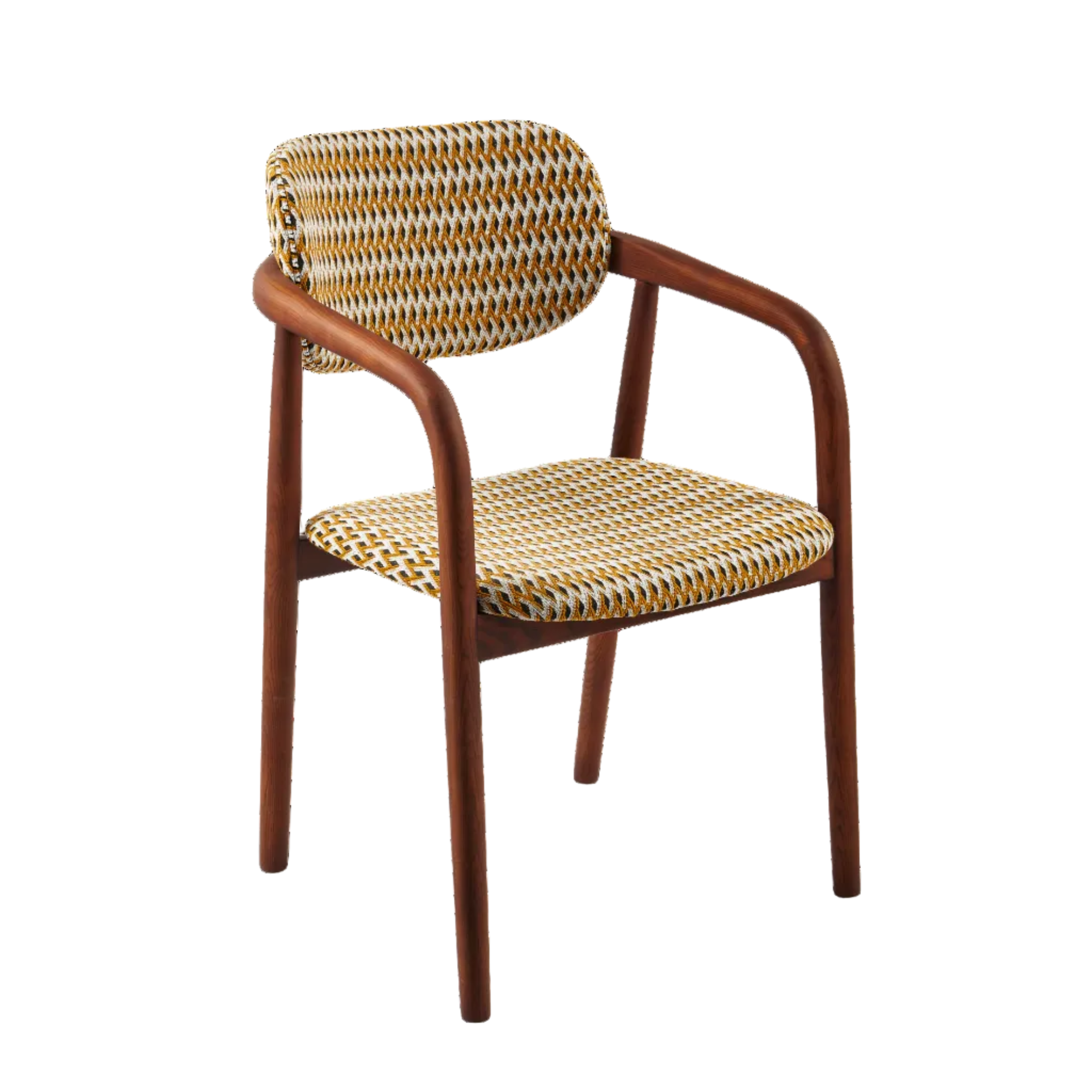 Kreslo s podrúčkami HENRY oriešková v geometrickom vzore s drevenou základňou