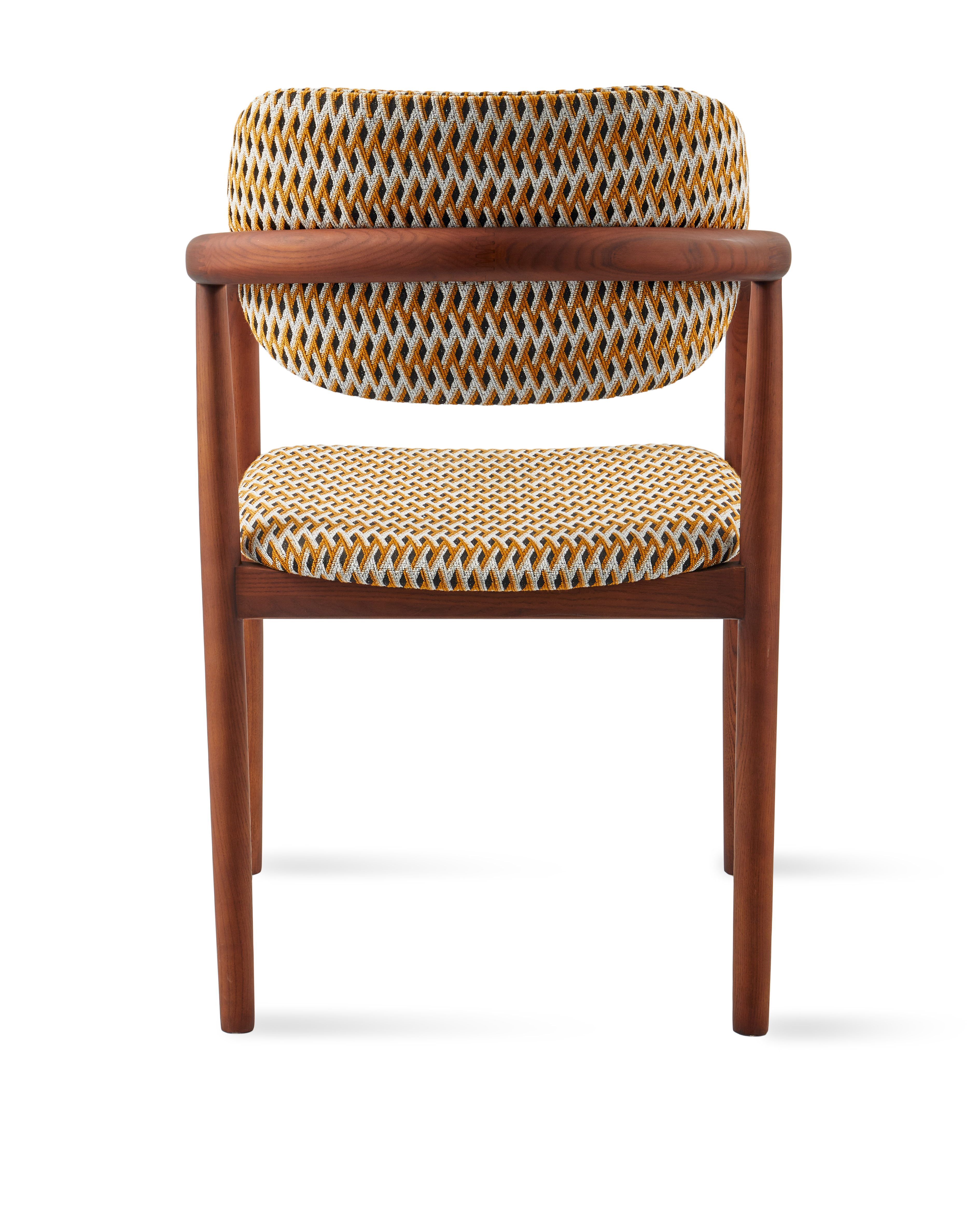 Kreslo s podrúčkami HENRY oriešková v geometrickom vzore s drevenou základňou