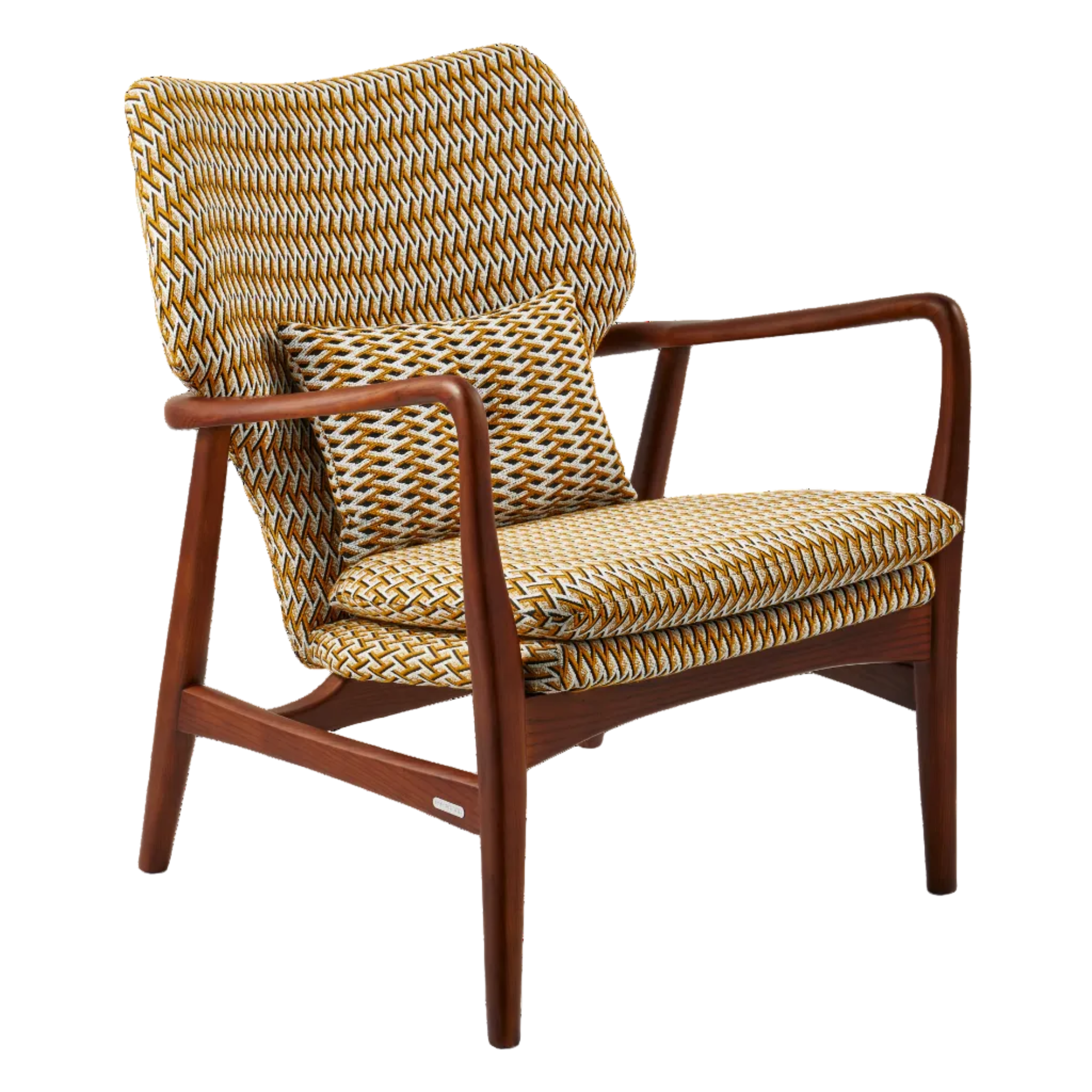 Fotel PEGGY orieškový s geometrickými vzormi a drevenou základňou