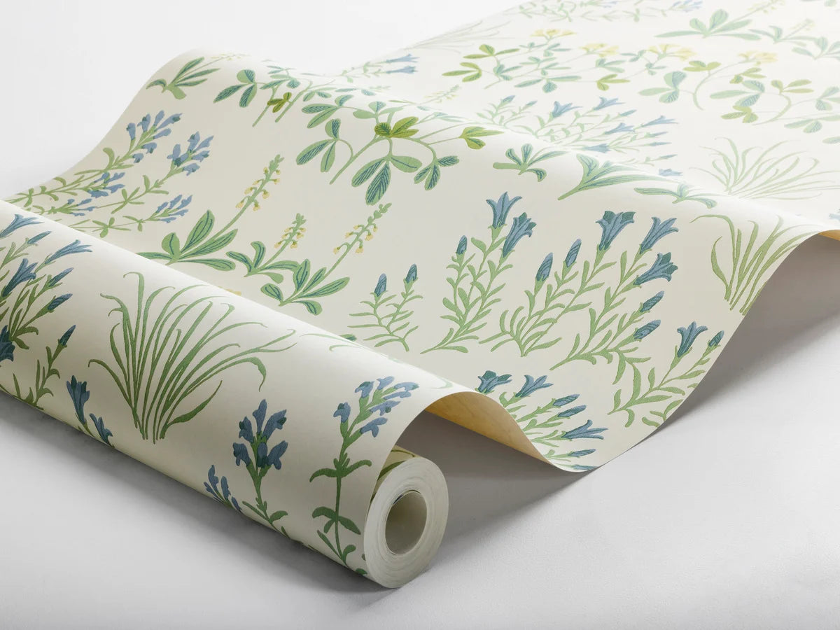 NORAS ANG white floral plant motif wallpaper with green