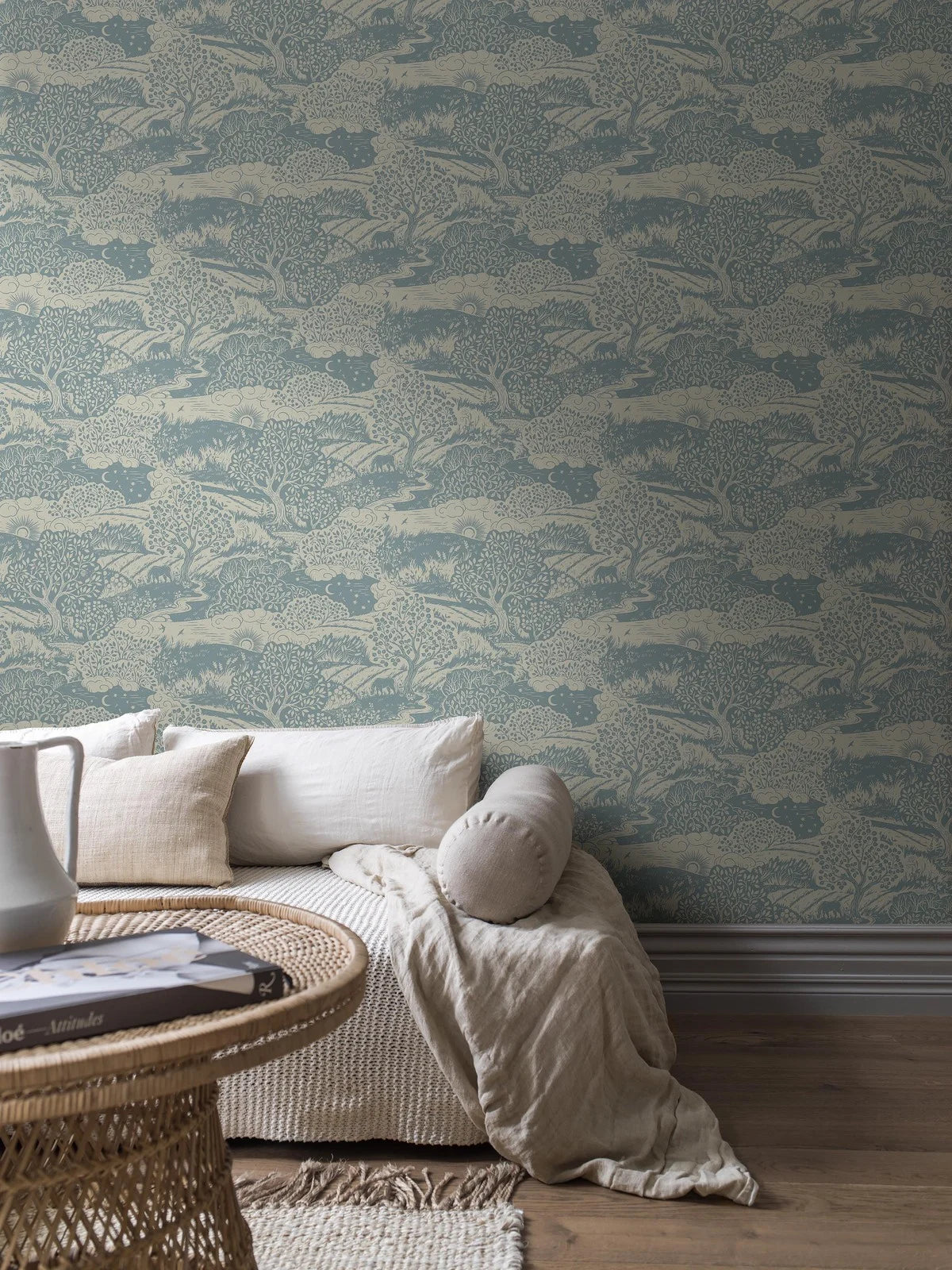 Detská tapeta s krajinou SOLANGEN modrá s béžovou