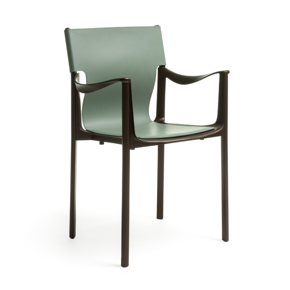 Stolička VENICE zelená koža s tmavohnedým podstavcom