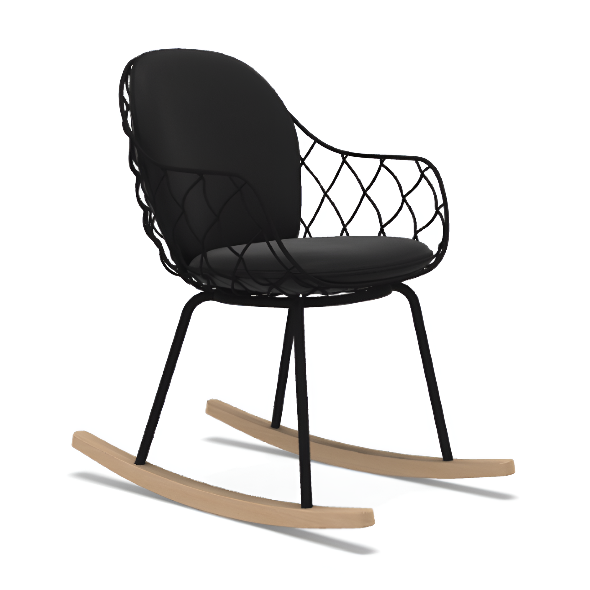 PIÑA rocking chair in black leather with an ash base