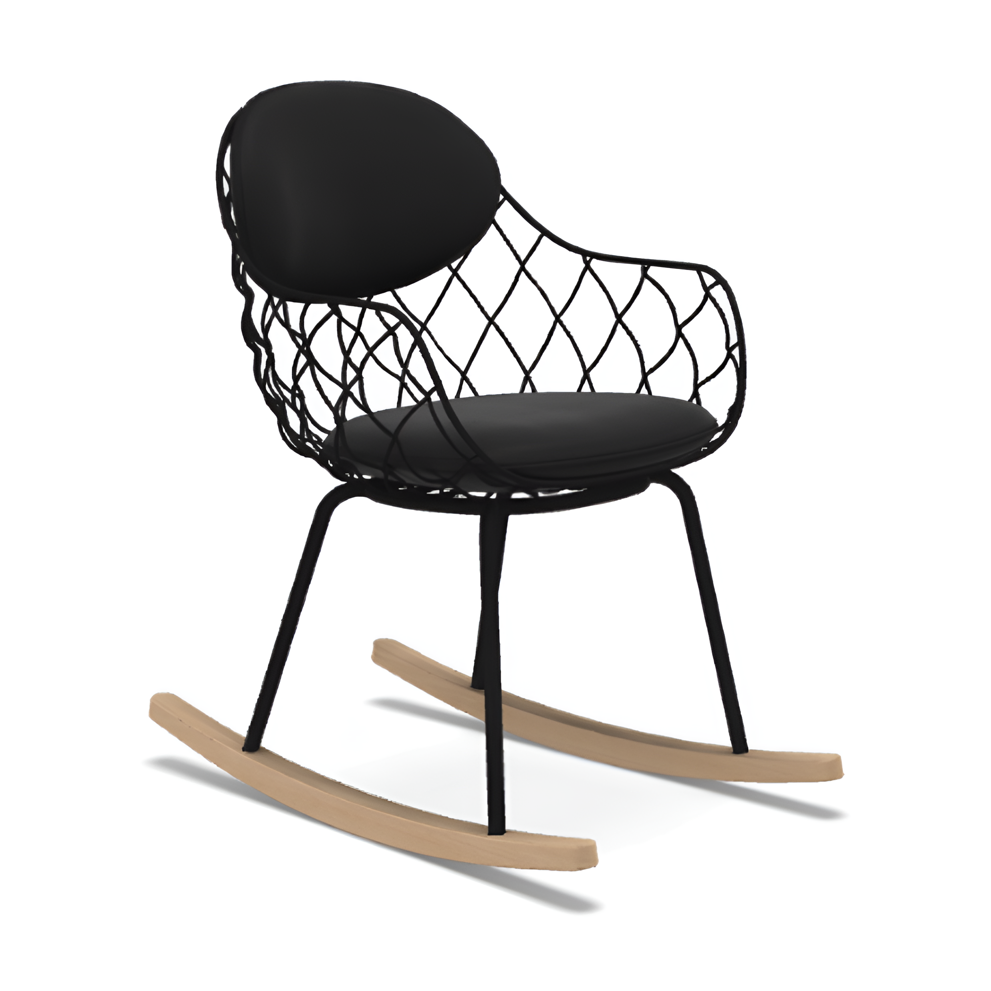 PIÑA rocking chair in black leather with an ash base