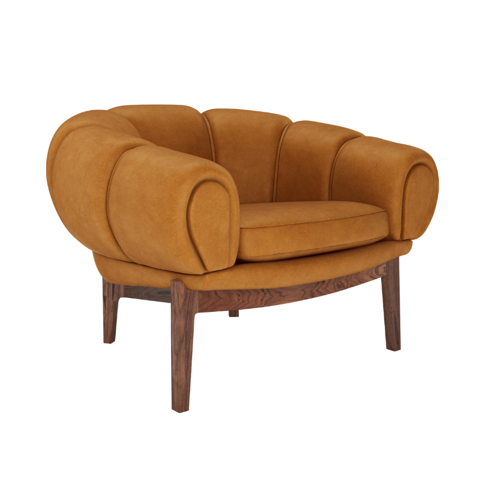CROISSANT upholstered armchair with walnut base