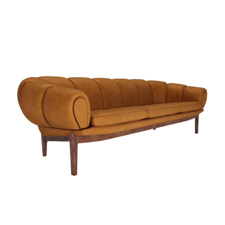 3-seater Sofa CROISSANT upholstered in leather with a walnut base