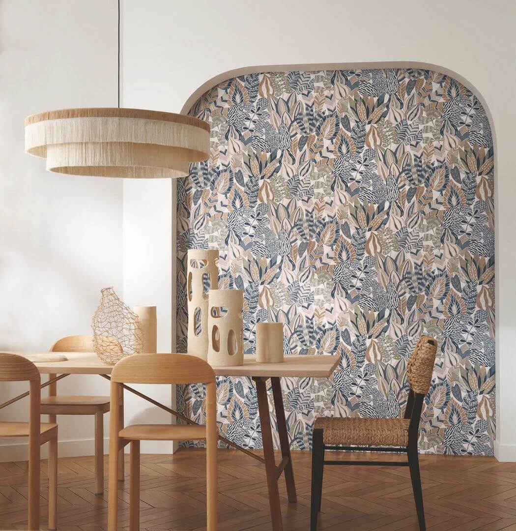 Floral Leaf Wallpaper ALFABIA - PIERRE BLEUE/TRAVERTIN Gray-Blue with Bronze