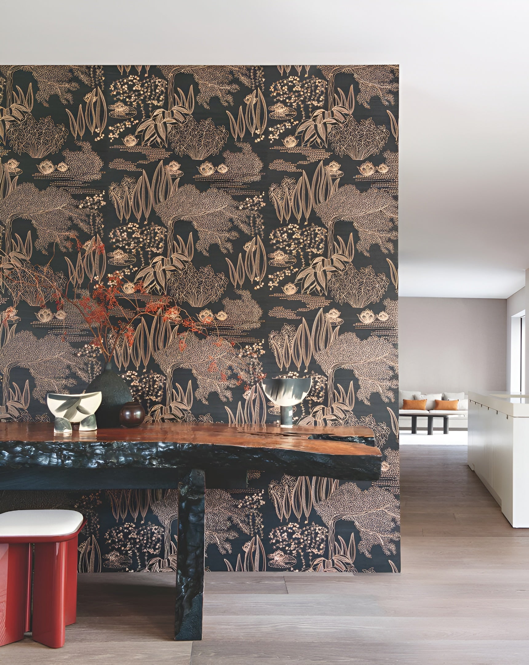 Tapeta z rastlinných vlákien s rastlinným motívom HASU - NOIR CUIVRÉ čierna s medenou