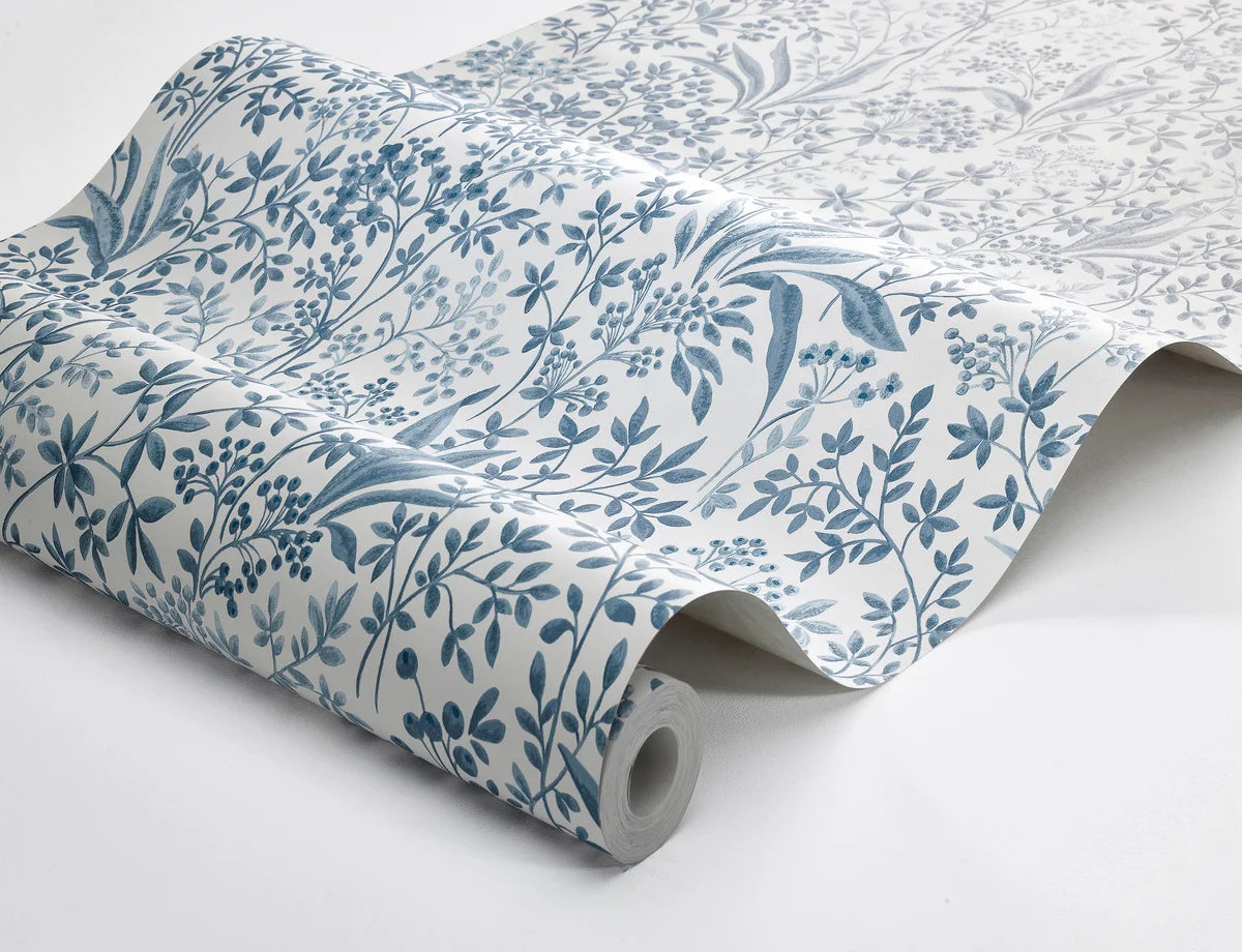 Non-woven paper wallpaper with a plant pattern NOCTURNE blue with light beige