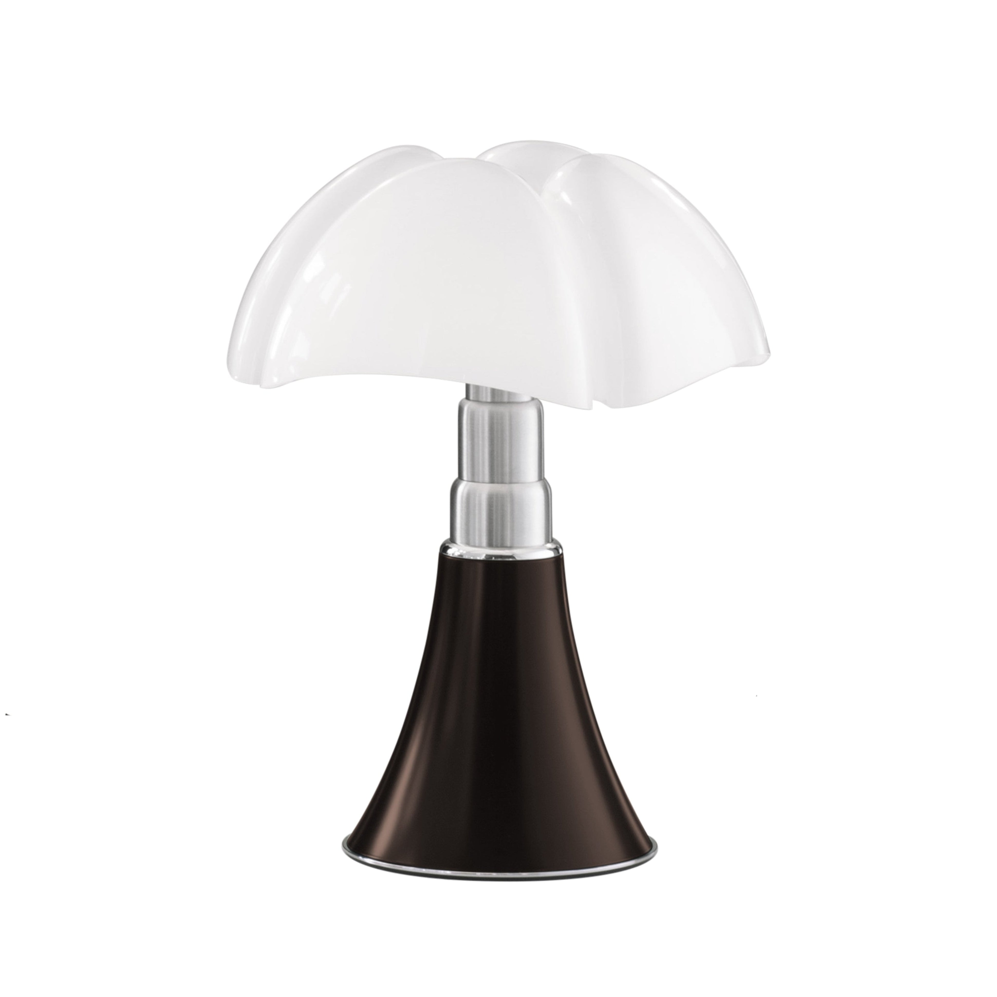 Stolná lampa MINIPIPISTRELLO s opálovým tienidlo a hnedým podstavcom