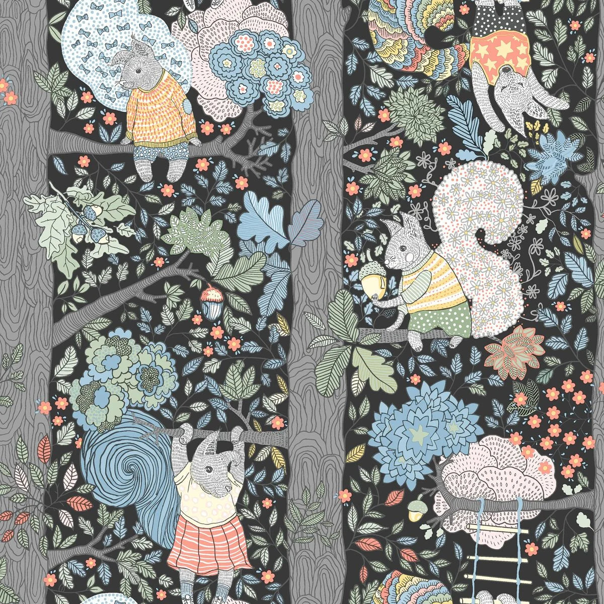 Children's wallpaper with a fairy tale forest theme CHARLIE black with blue