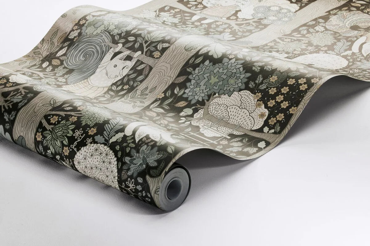 Detská tapeta s motívom rozprávkového lesa CHARLIE hnedá s bielou