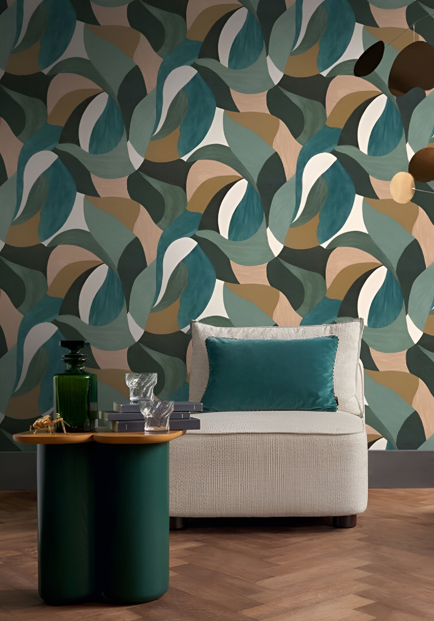 Abstract plant motif wallpaper in MANDORLA leaf - CYPRES/MORDORE green with blue
