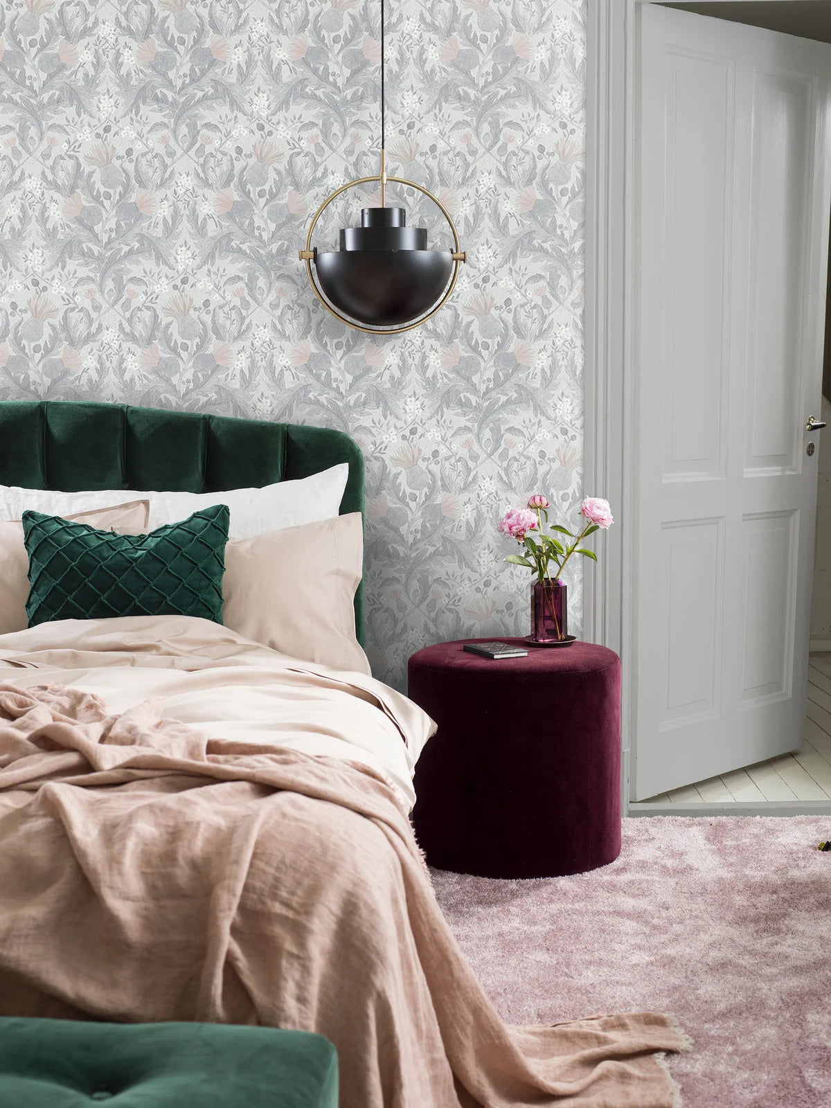 Thistle Plant Pattern Wallpaper in Muted Gray-Green with Pink