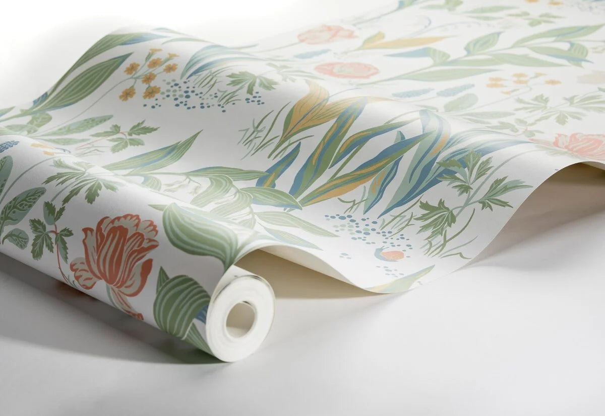 Tapeta s rastlinným vzorom kvetov JARNÁ ZÁHRADA biela so zelenou