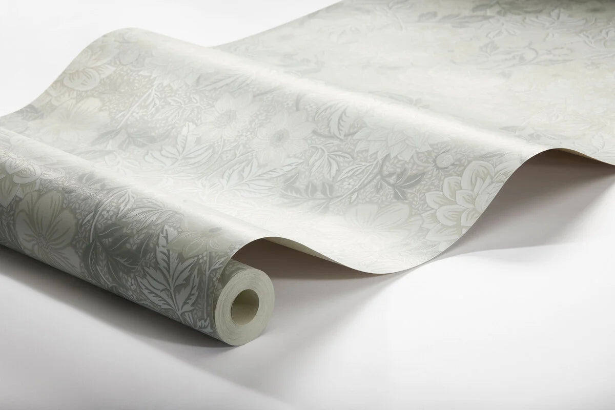 Tapeta z flizelínu s rastlinným vzorom DAHLIA GARDEN šedobéžová s bielou