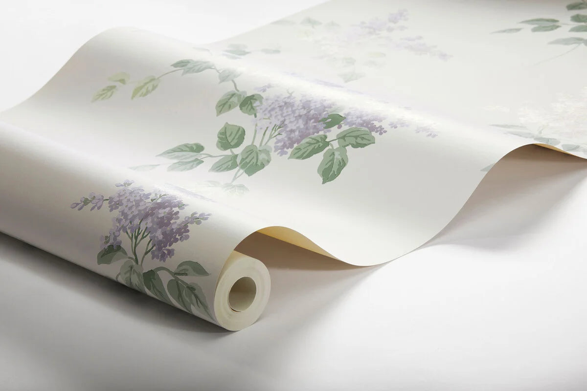 Beige wallpaper with lilac floral pattern