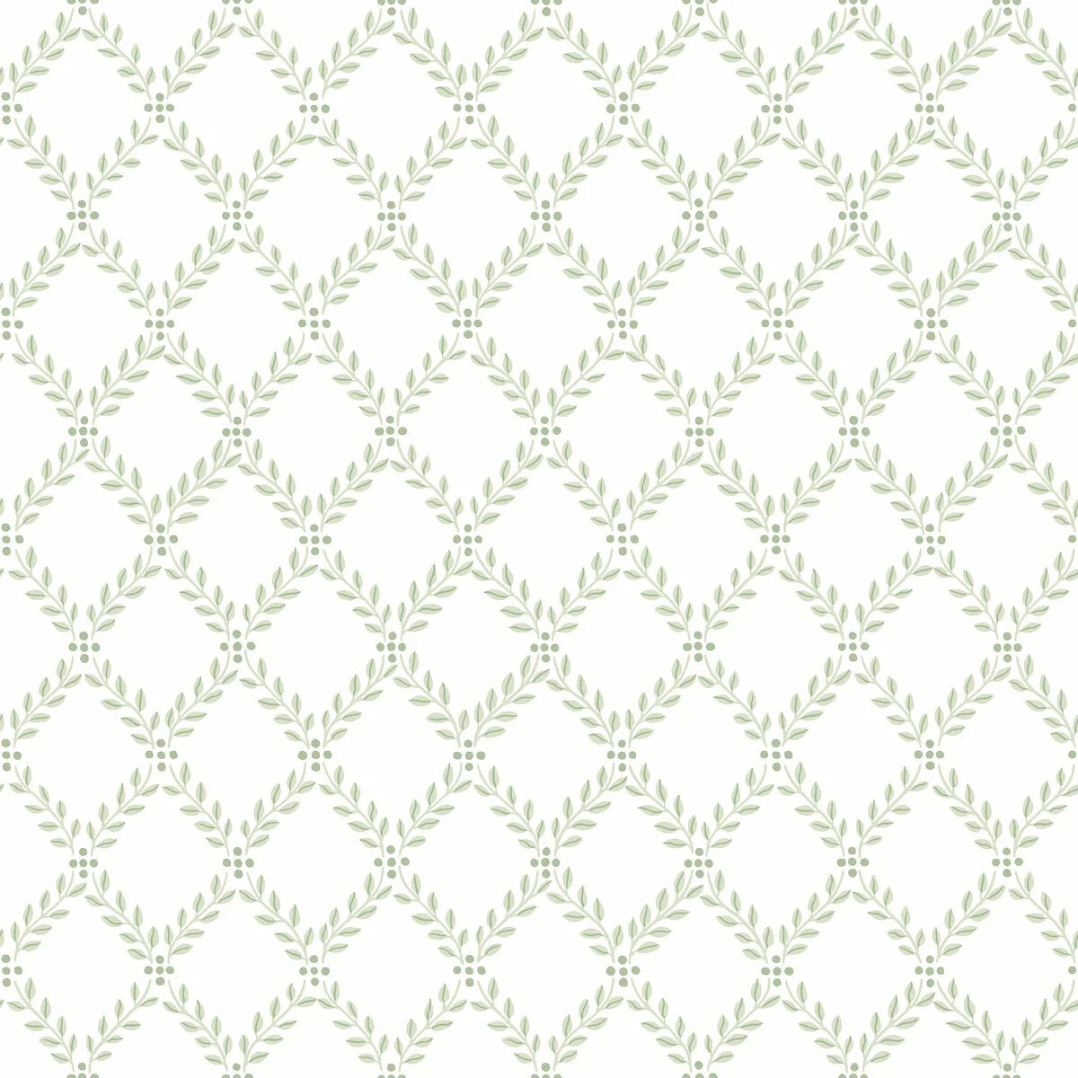 Wallpaper with geometric plant pattern of TRELLIS LEAVES in white and green