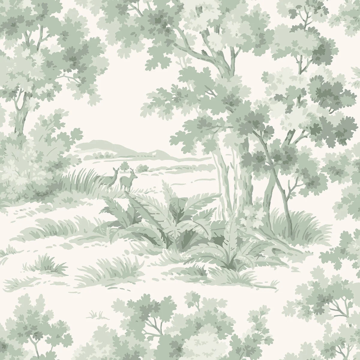 Non-woven paper wallpaper with a botanical pattern COUNTRYSIDE MORNING beige with green