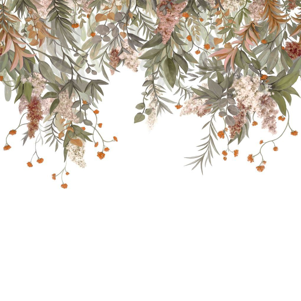 Nástenná maľba s rastlinným motívom listov WISTERIA v zelenej a pudrovej ružovej