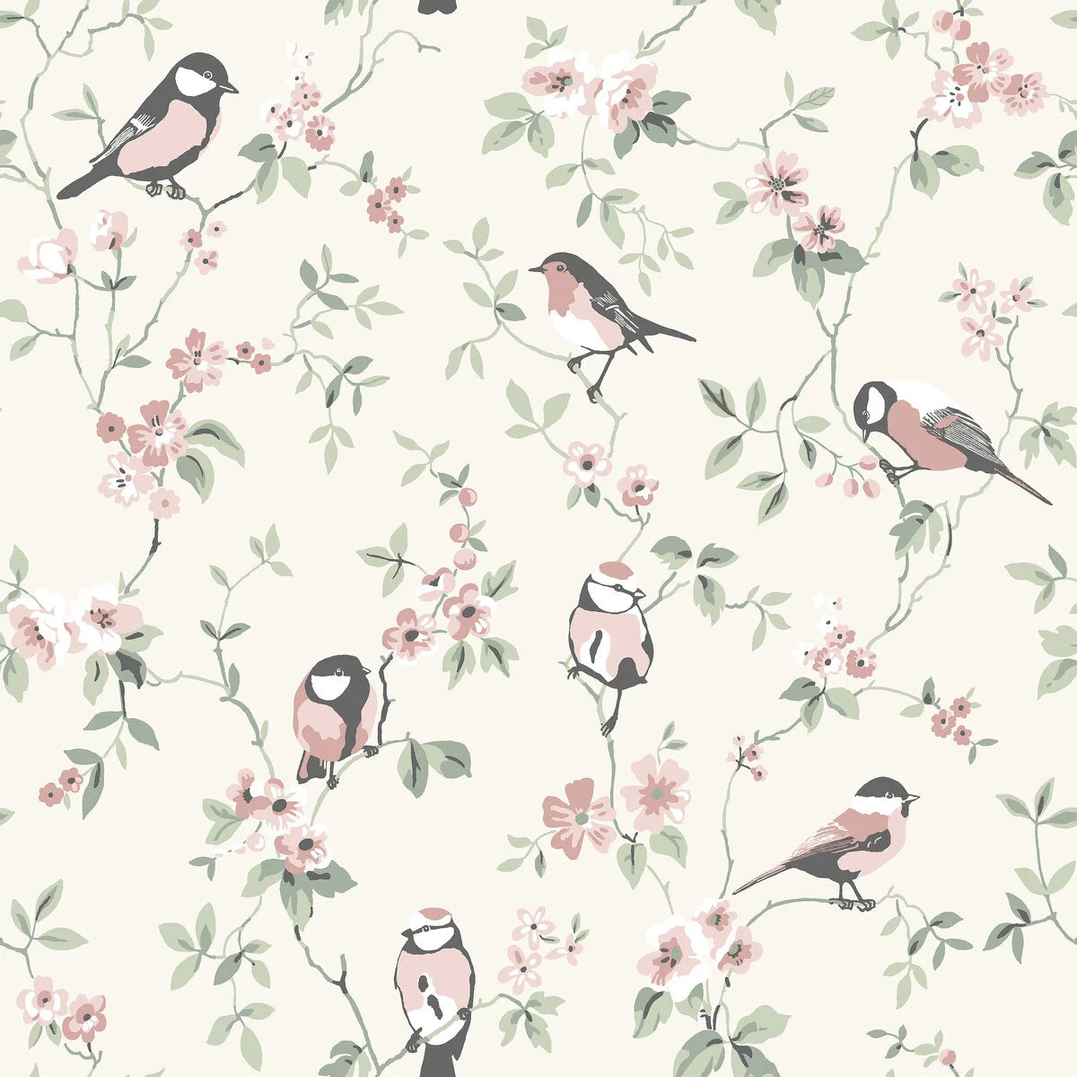 Wallpaper with animal motif of birds FALSTERBO BIRDS beige with green