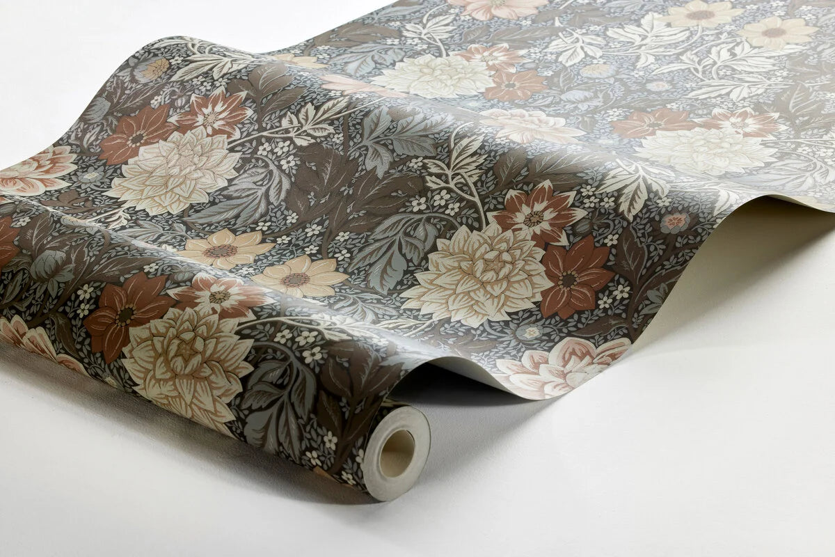 Papierová flizelínová tapeta s rastlinným vzorom DAHLIA GARDEN hnedá s béžovou a ružovou