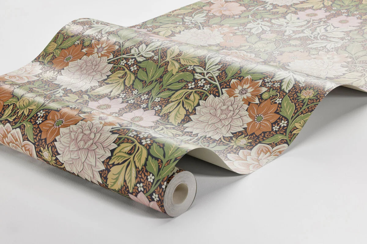 Papierová flizelínová tapeta s rastlinným vzorom DAHLIA GARDEN svetlozelená s ružovou