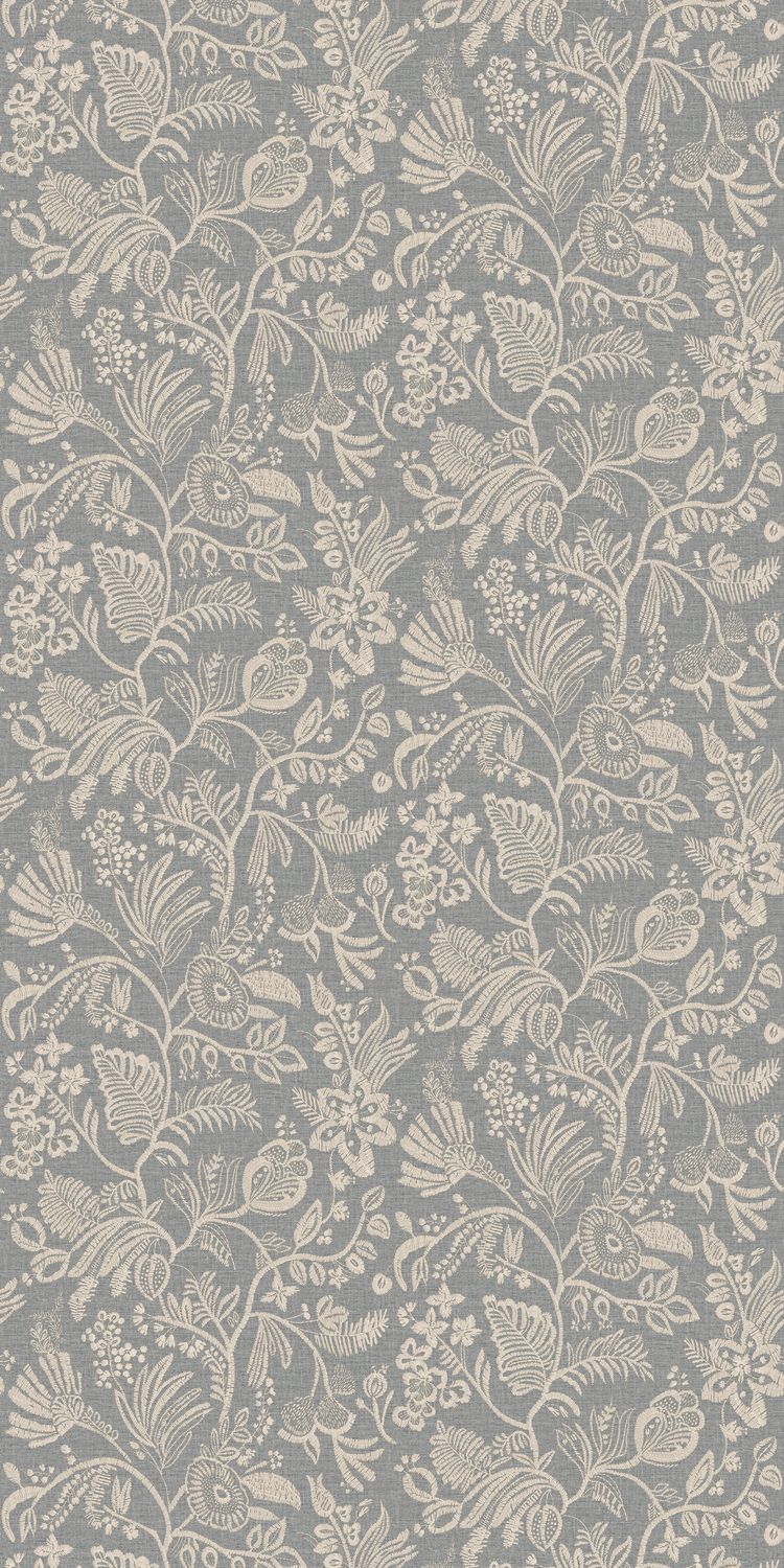 Structural wallpaper imitating embroidery with a floral and leaf pattern PASTEL - PIERRE BLEUE gray-blue