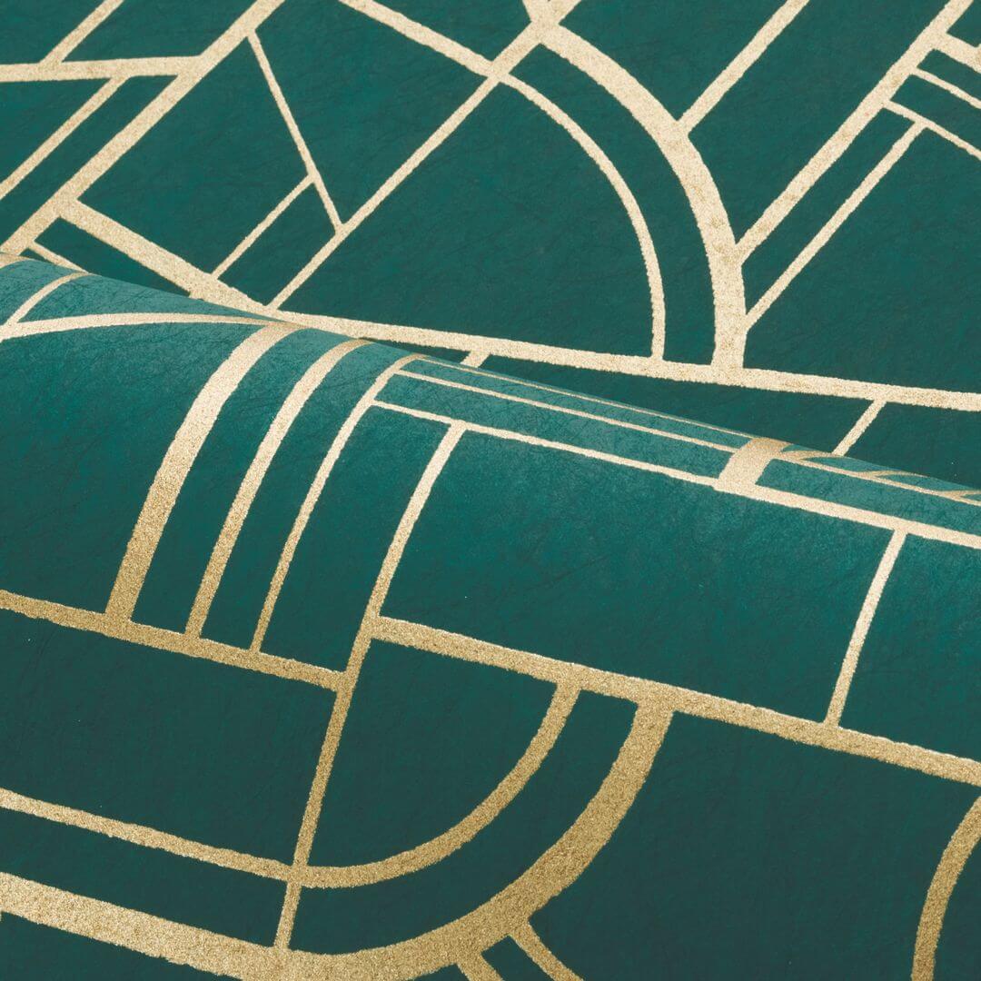 Metalická tapeta s geometrickým vzorom CINÉTIQUE - ZELENÁ KACHNÍKOVÁ/ZLATÁ zelená so zlatou