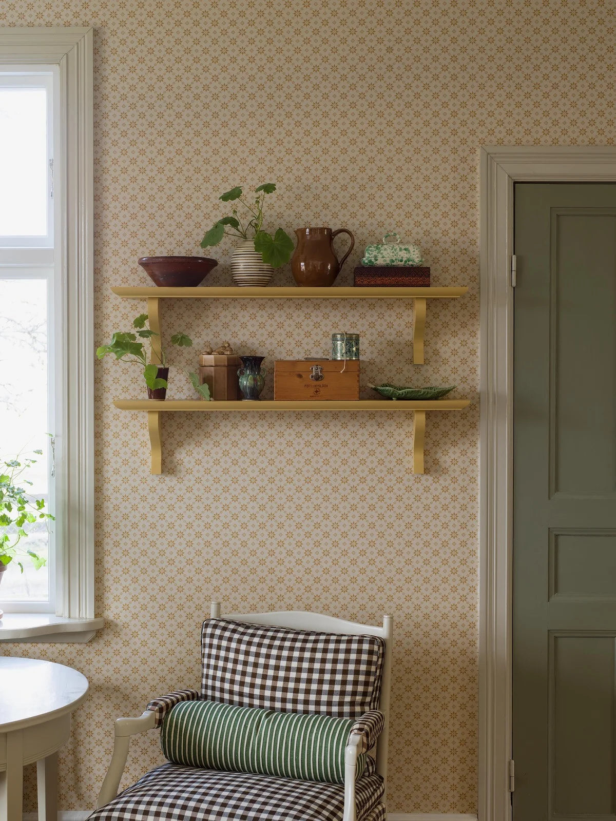 Paper non-woven wallpaper with geometric pattern STELLA light beige with yellow