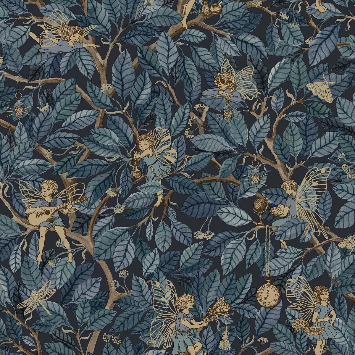 Detská tapeta s rozprávkovým motívom víl FAIRIES tmavomodrá