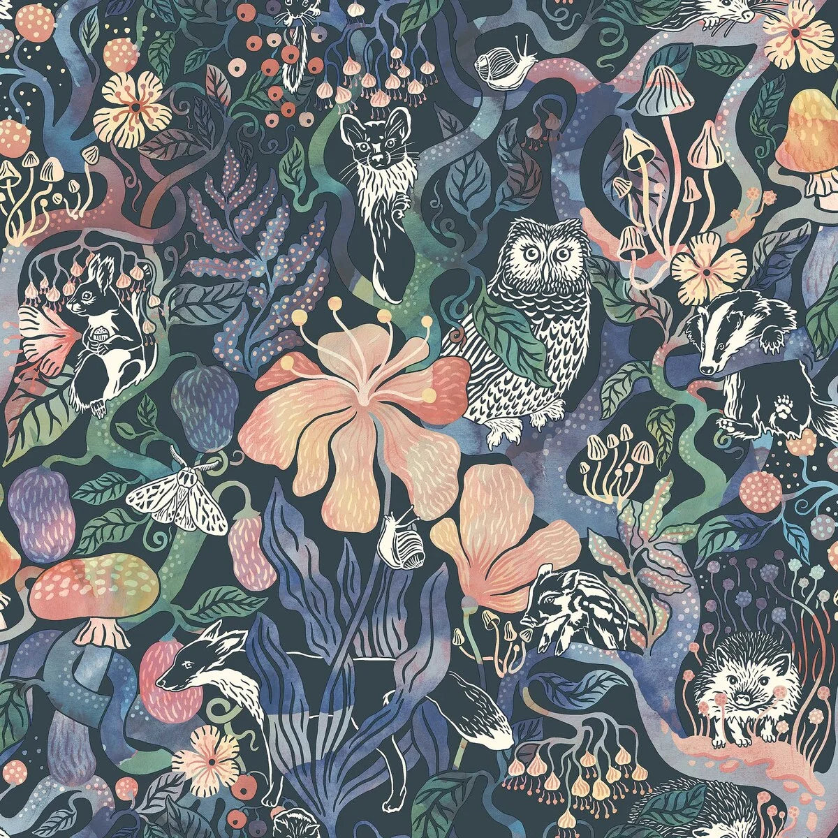 Detská tapeta s motívom rozprávkového lesa MAGIC WOODS modrá s ružovou