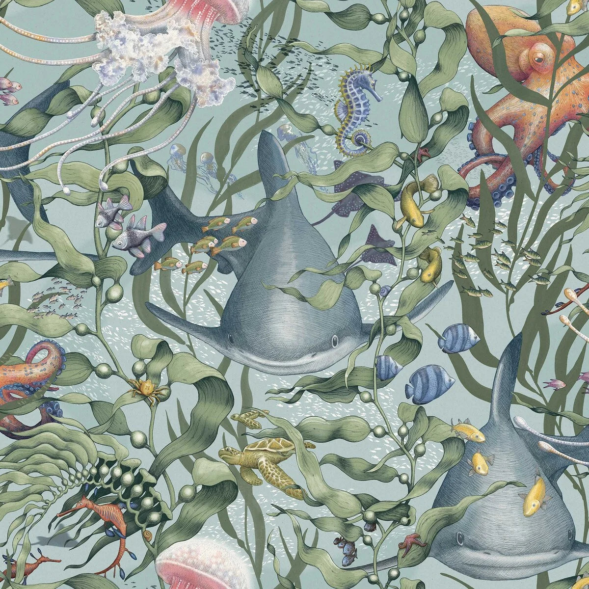 Children's wallpaper with an underwater animals theme UNDERWATER MAGIC turquoise