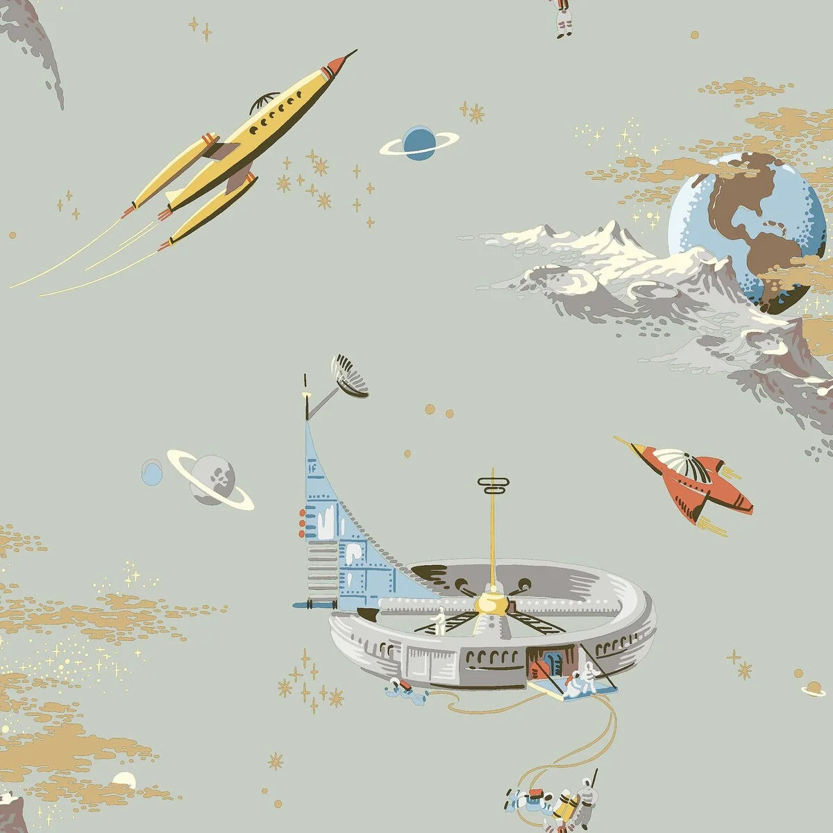 Children's wallpaper with a space theme SPACE ADVENTURE muted green