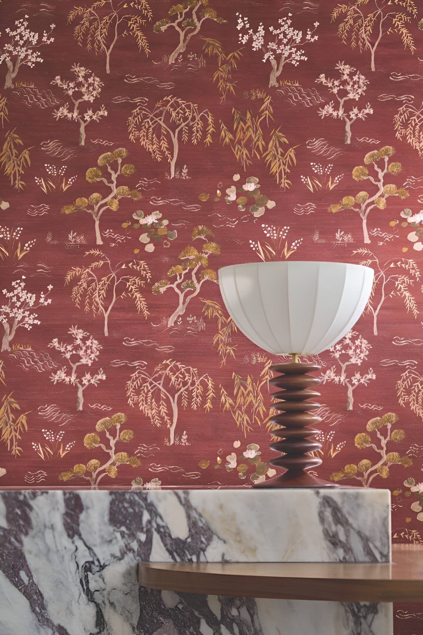 Structural wallpaper with an oriental tree plant motif LEGENDES - PÉTROLE sea green