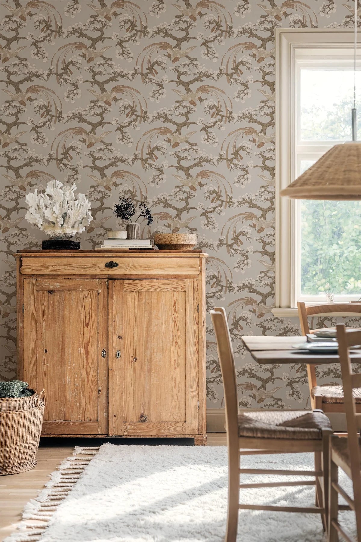 FENIX Wallpaper with Plant and Animal Motif in Muted Beige