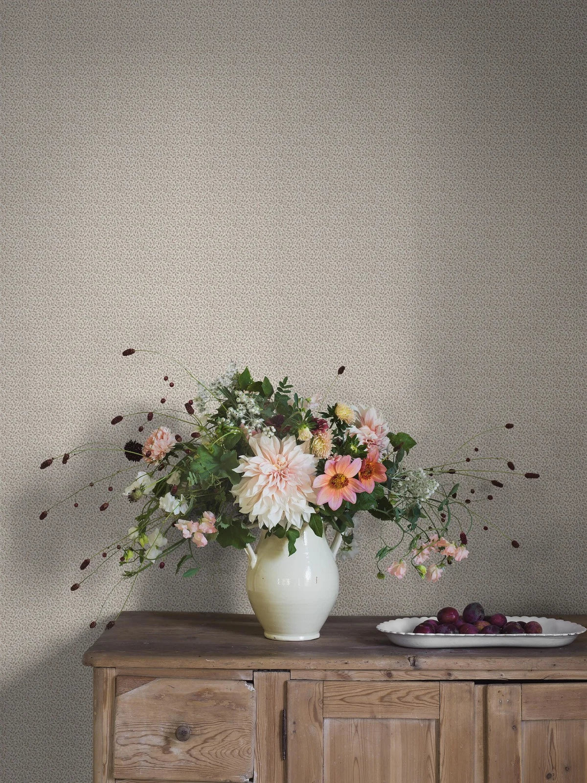 Beige Plant Motif Wallpaper IDA with White