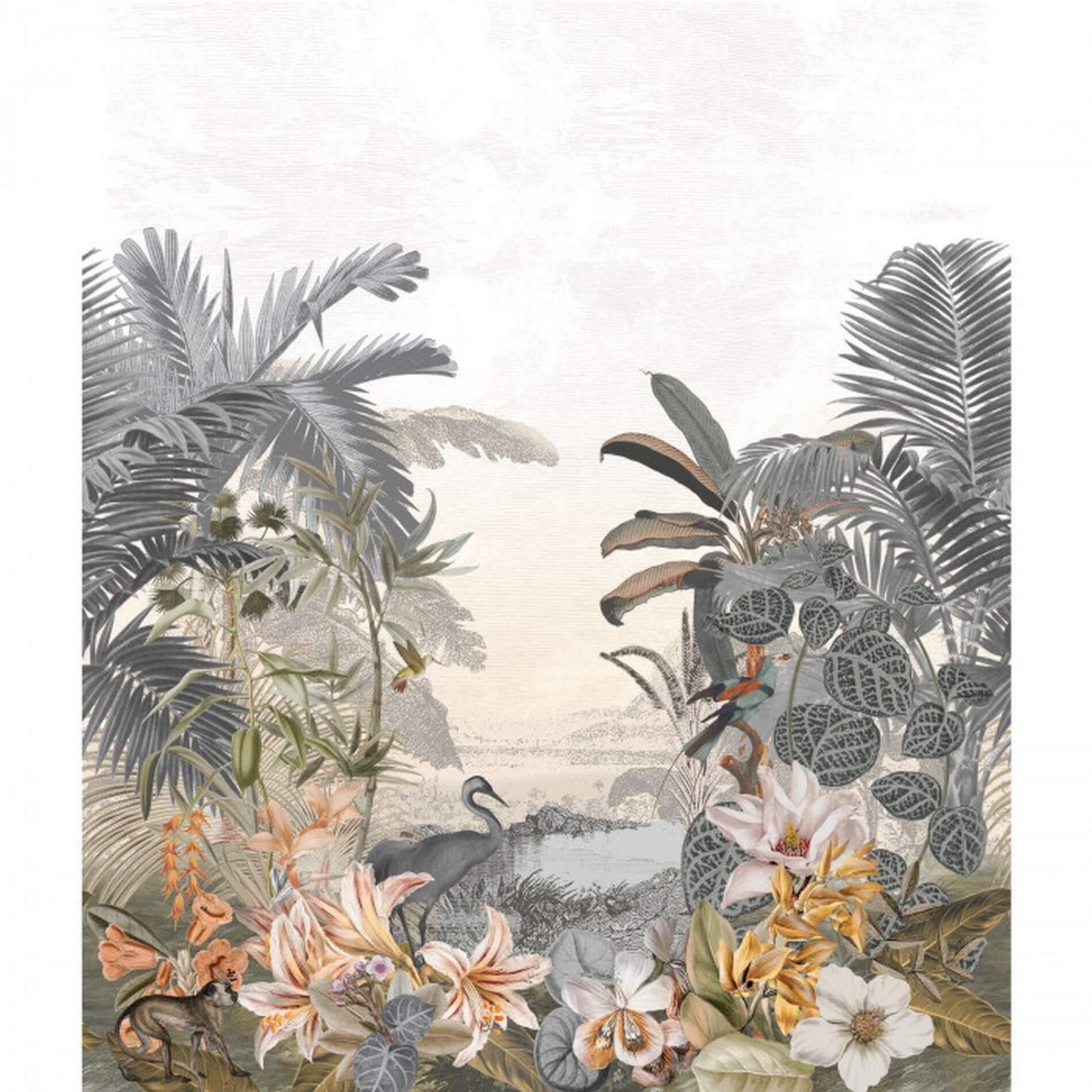 Textilná nástenná dekorácia s exotickou krajinou PARAIBA, tlmená modrá s béžovou