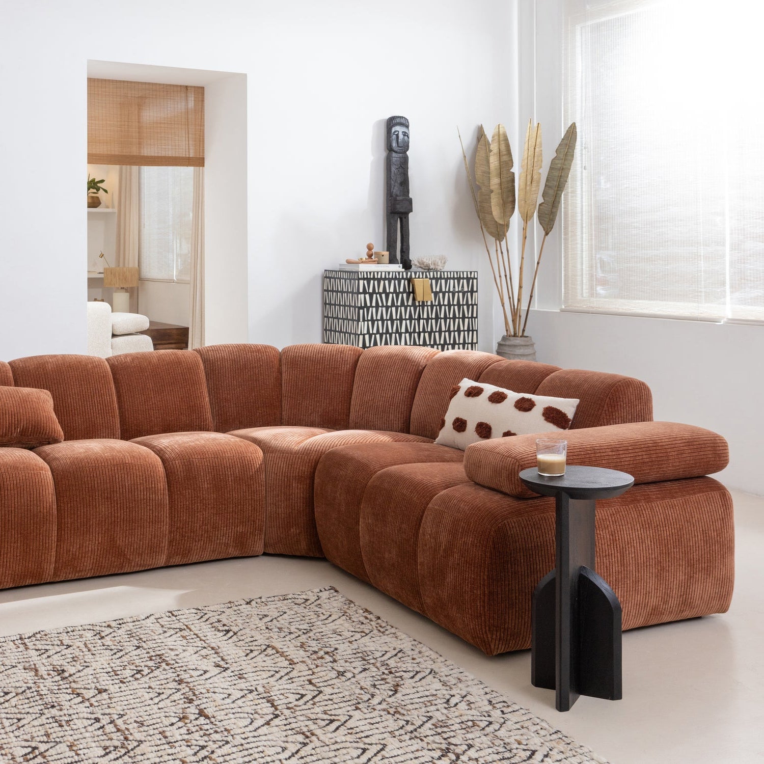 Right-facing modular corner sofa for 6 people MOJO rust brown lambskin