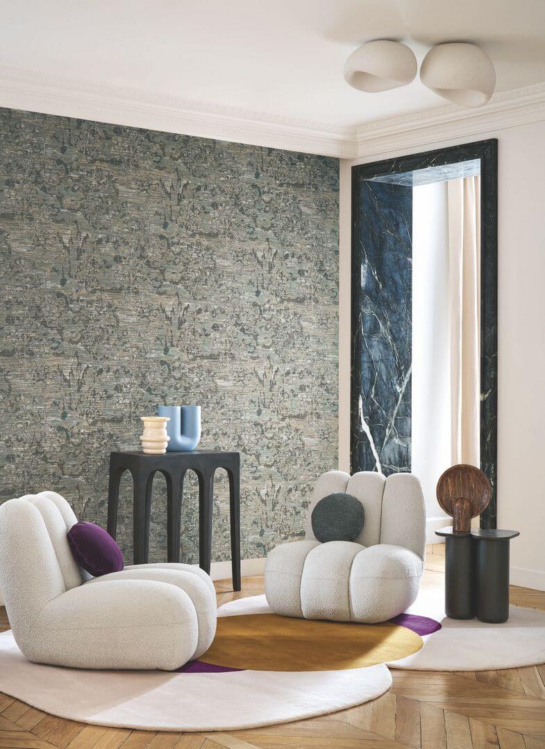 Structural textile wallpaper with a leafy plant pattern VERDURE - TAUPE brown-gray