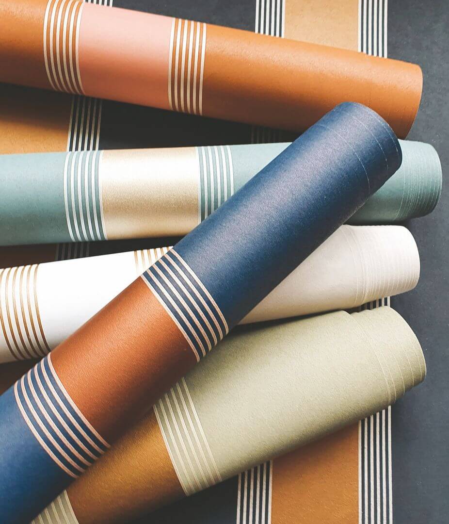 Wallpaper with geometric striped pattern AUTEUIL - DARK GREEN with YELLOW