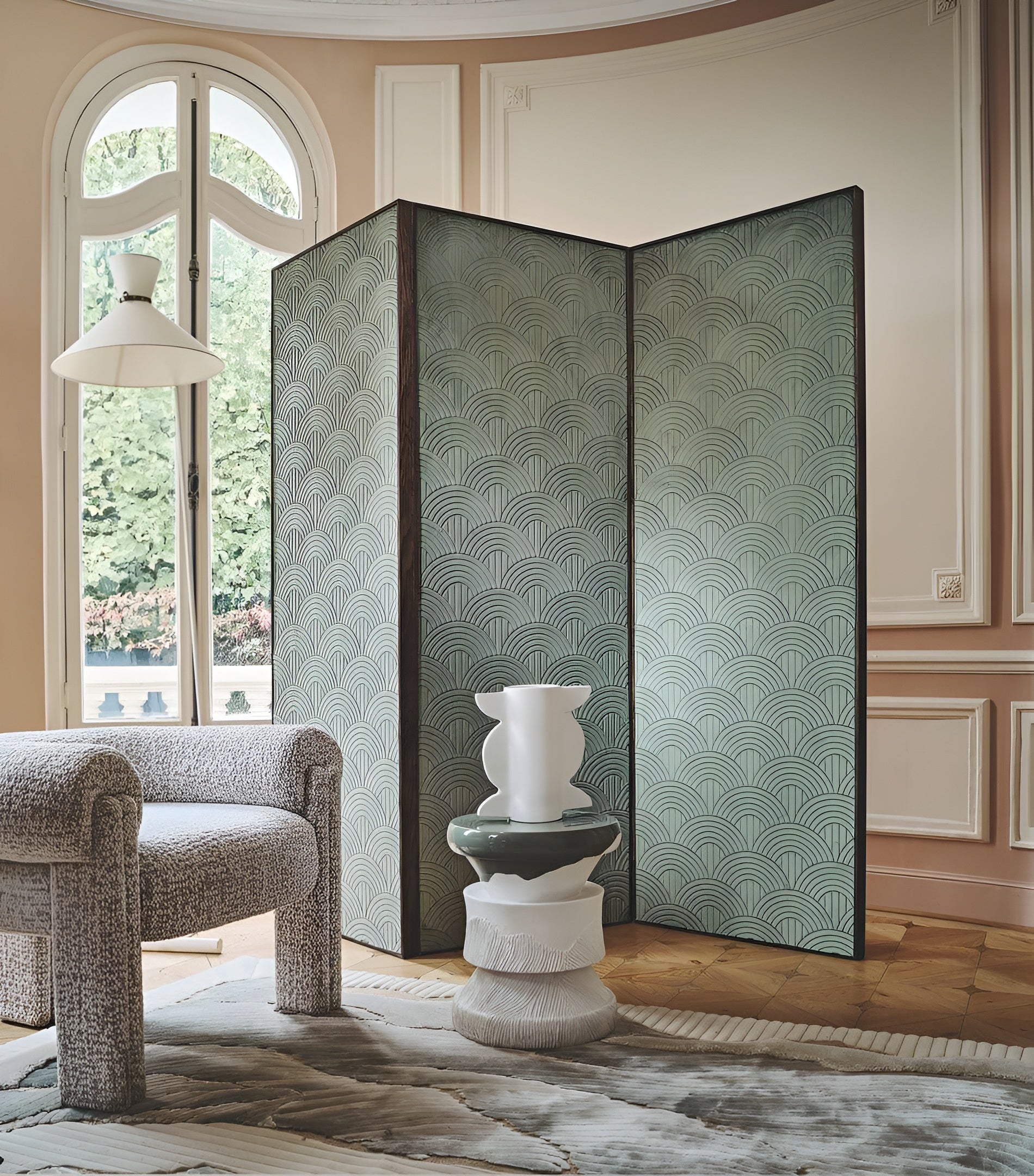 Textile wallpaper with a structural geometric pattern of arches VOLUTIS - MUSTARD yellow