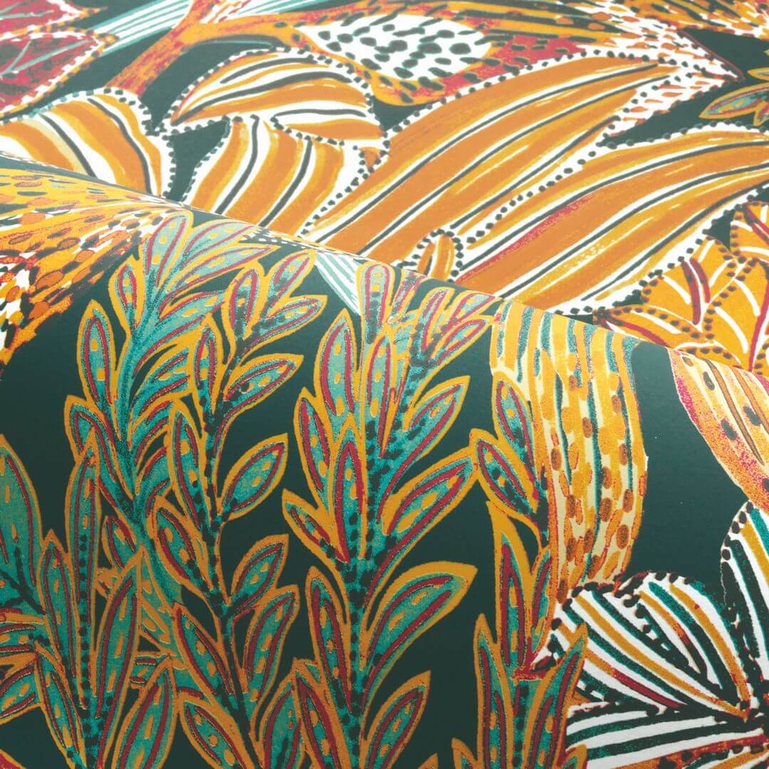 Tapeta s motívom tropických listov BORROMMEE - PÉTROLE/MULTICO tyrkysová so zelenou