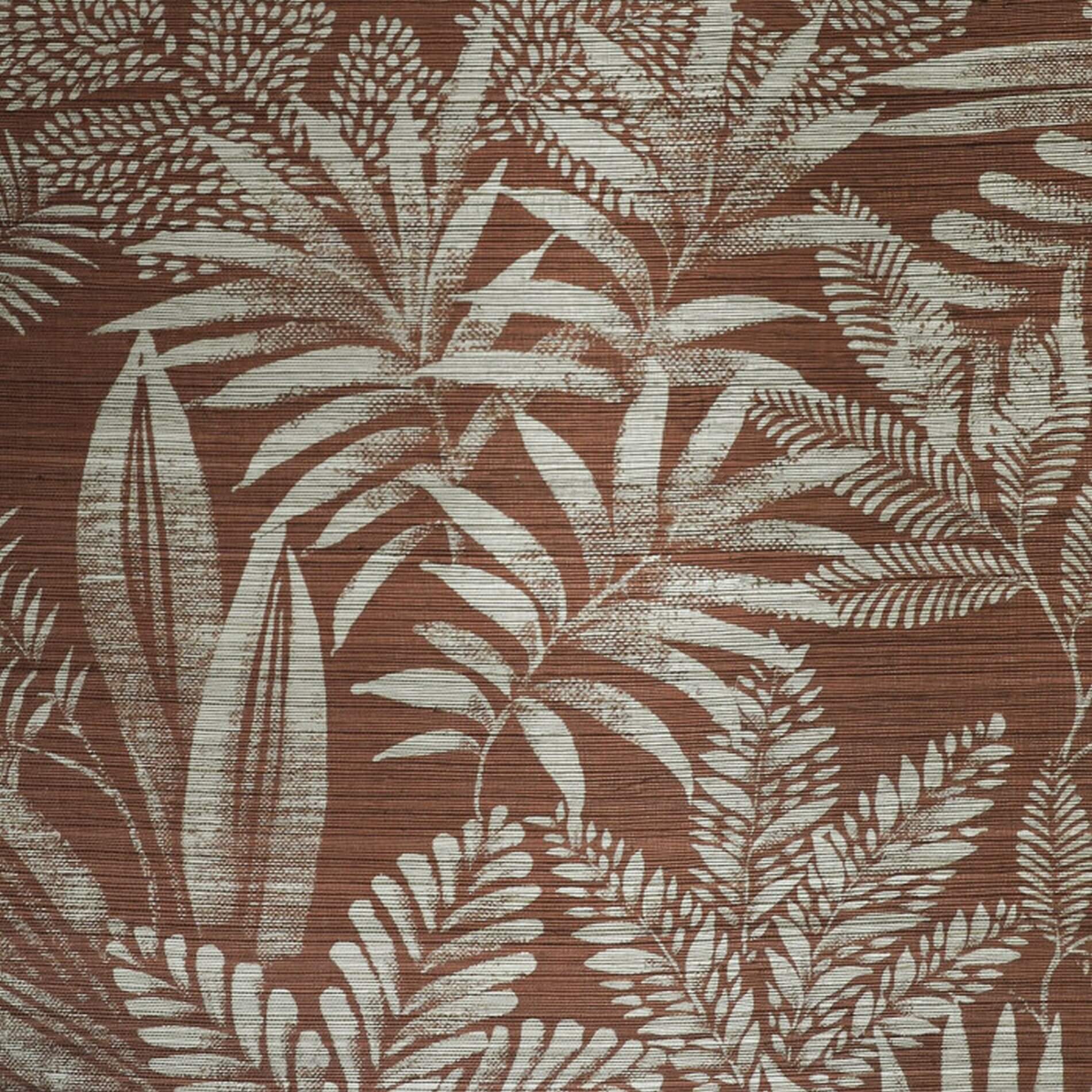 Structural wallpaper made of sisal with a plant motif of MANDRARE leaves - TERRACOTA terracotta with white