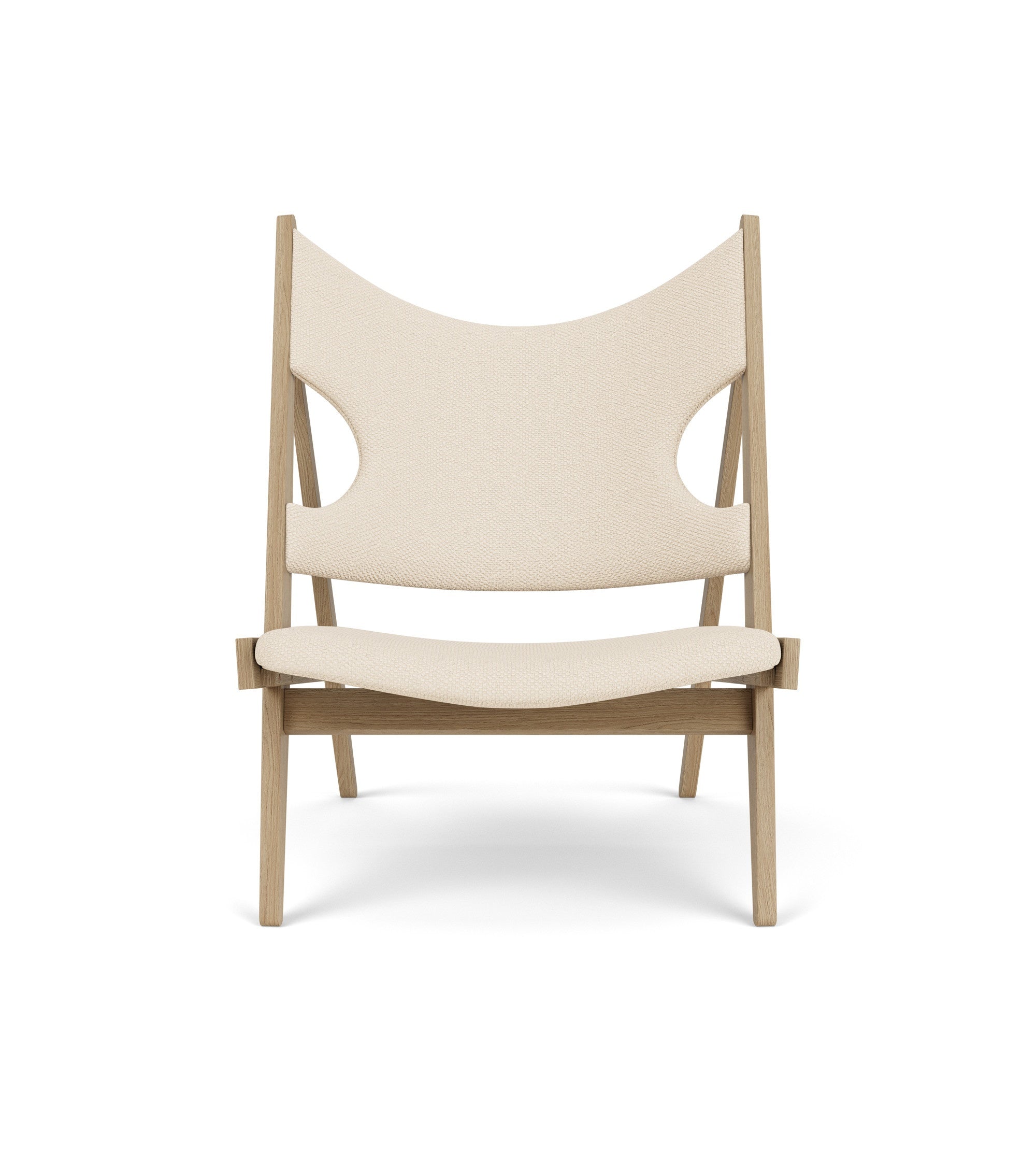 KNITTING cream armchair with oak base