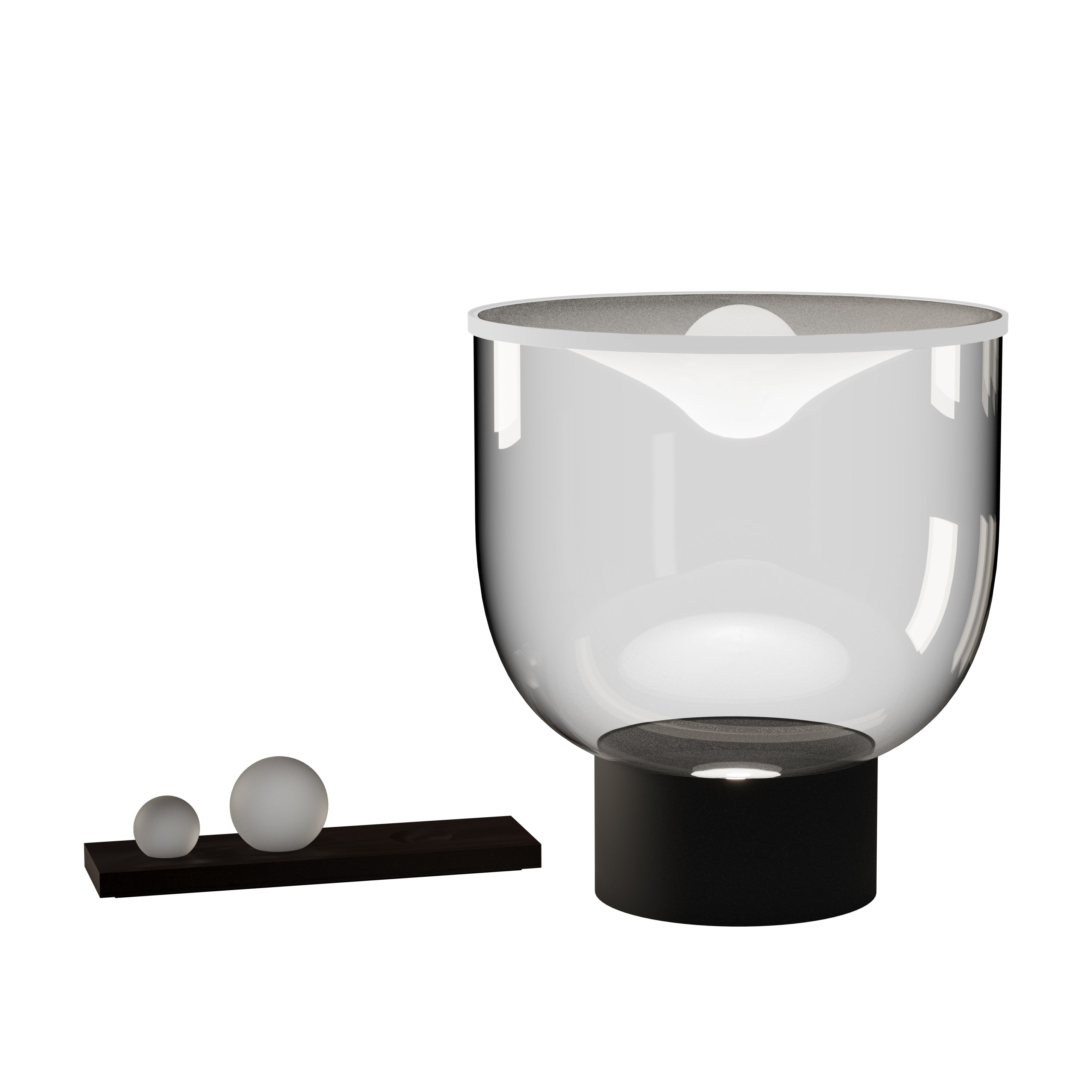 GRAMMOLUCE table lamp with a glass shade and black base.