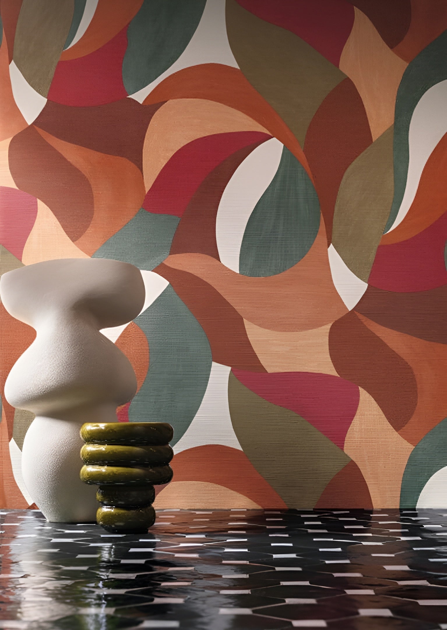 Abstract plant motif wallpaper in MANDORLA leaves - ORANGE BRULEE/IMPERIAL GREEN orange with green