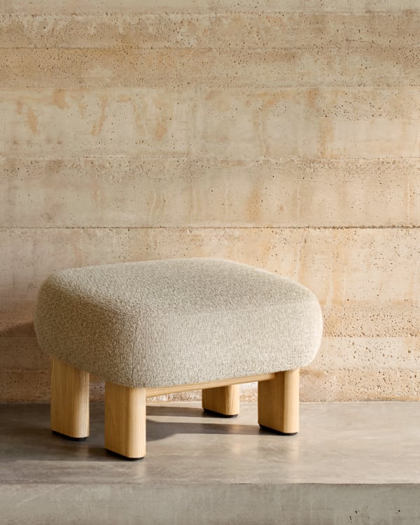 NEMA beige chenille pouf with an ash base